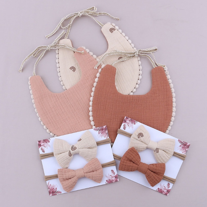 Yếm Ăn Cotton Kèm 2 Băng Đô Đính Nơ Tùy Chỉnh Xinh Xắn Cho Bé Gái
