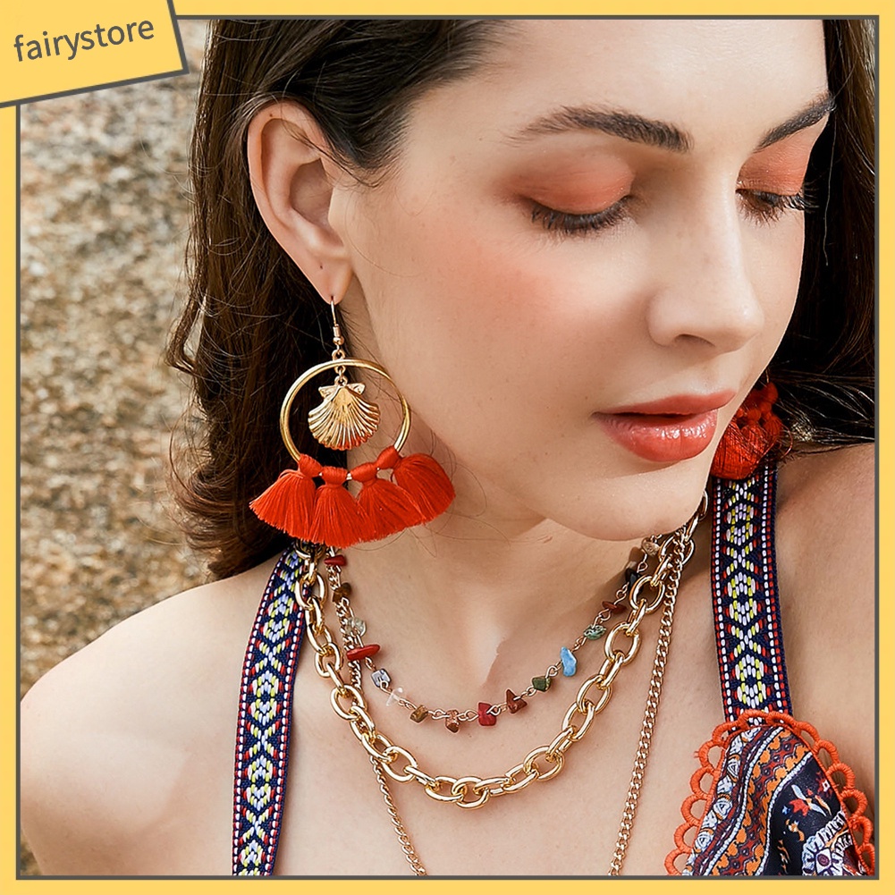 Khuyên Tai Dài Phối Tua Rua Phong Cách Bohemian Thời Trang