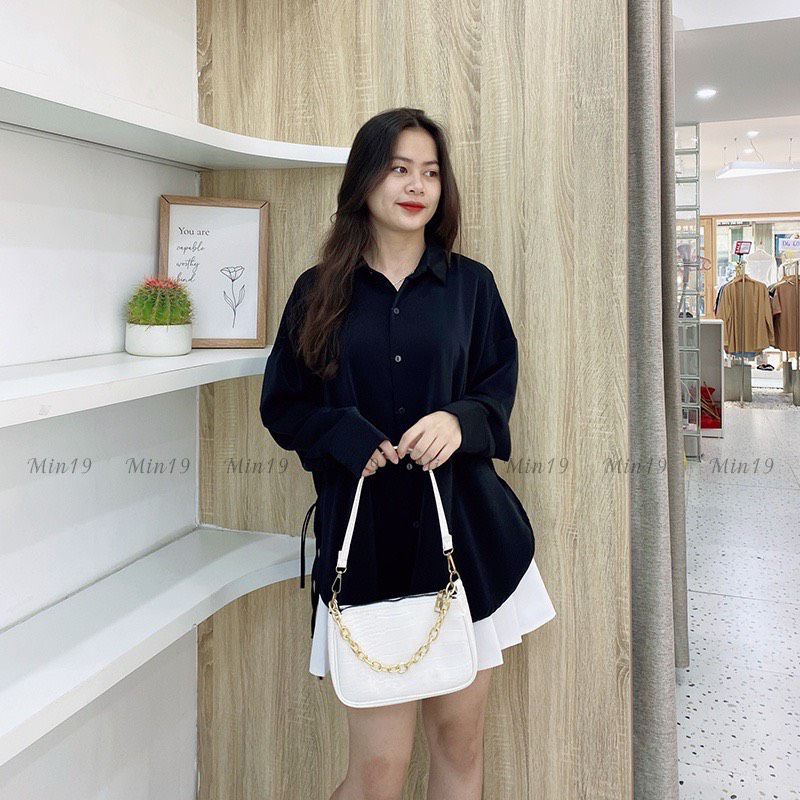 Áo Sơ Mi Trơn Vạt Đuôi Tôm, Màu Đen Basic Tay Bồng Chất Mềm Mát ( kèm ảnh thật )