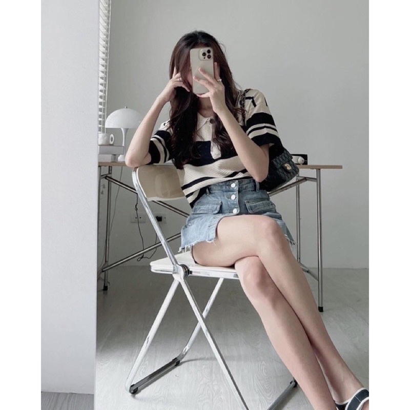 Áo croptop nữ len kẻ dệt kim dáng rộng tay ngắn polo cổ đức phong cách Hàn Quốc cá tính (TTA132)