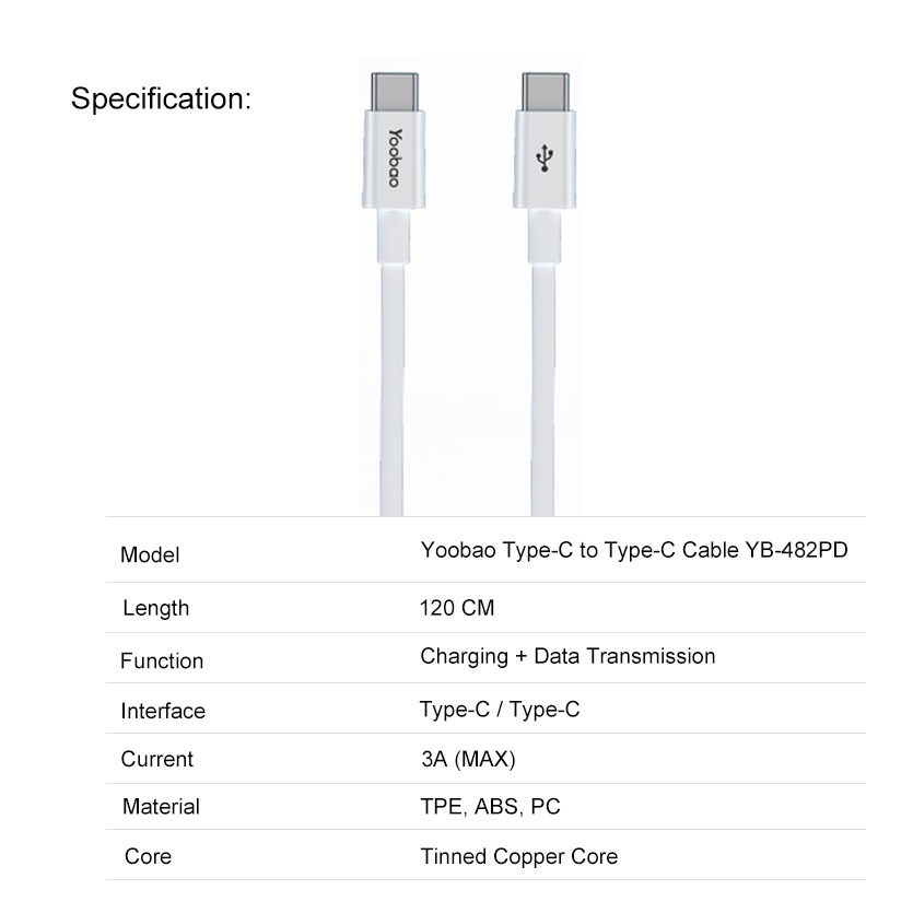 Dây Cáp Sạc Nhanh Yoobao YB-482PD Type-C to Type-C- PD 60w - Hàng Chính Hãng - Bảo Hành 12 tháng