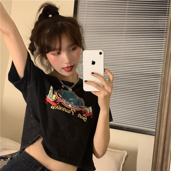 Áo Thun Ngắn Tay In Họa Tiết Phong Cách Retro Mỹ