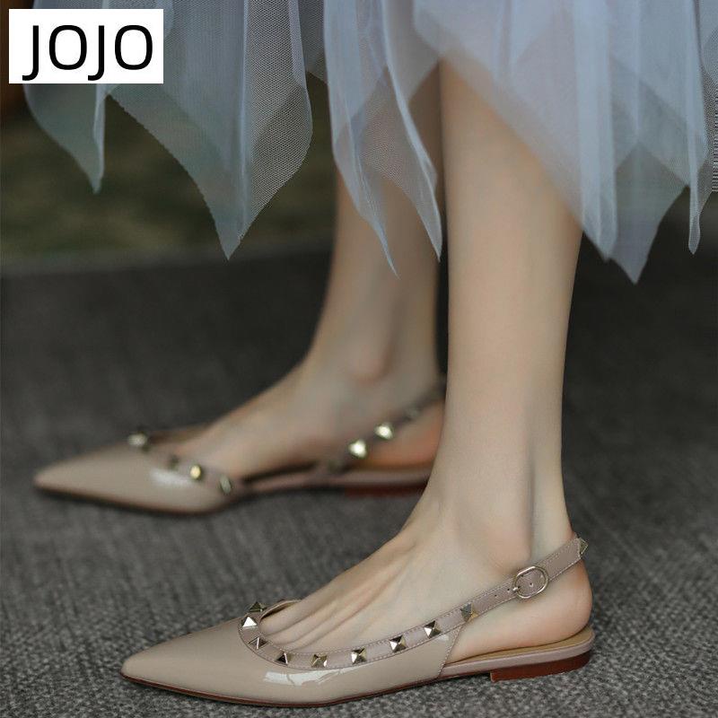 Dép Sandal Da Đế Bằng Mũi Nhọn Đính Đinh Tán Thời Trang Cho Nữ