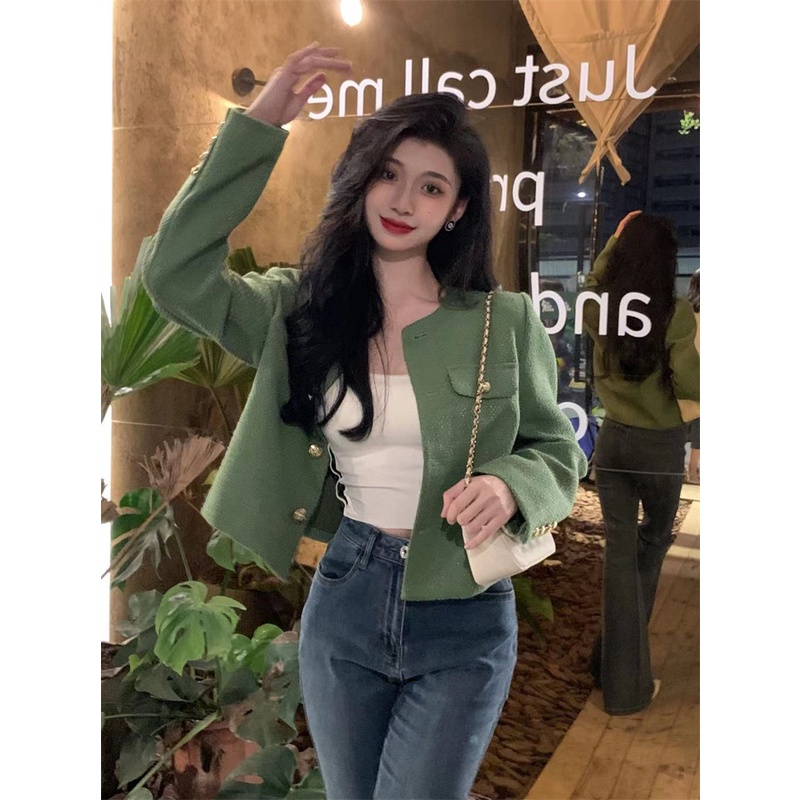Áo Khoác Ngắn Màu Xanh Lá Phong Cách Hàn Quốc Thời Trang Mới Cho Nữ