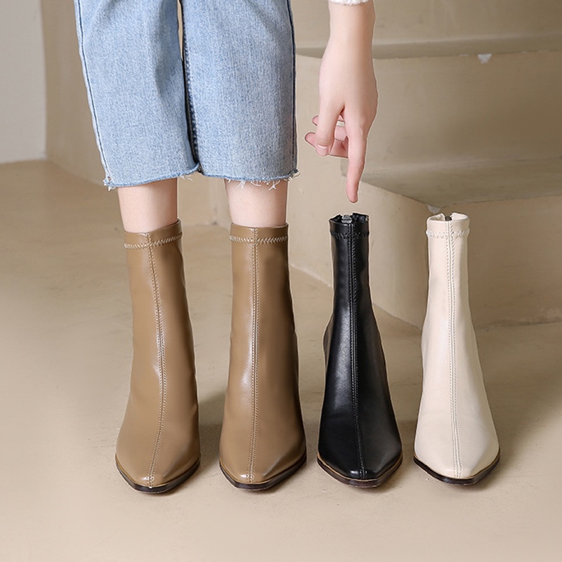Giày boot da IELGY cao gót mũi nhọn có khóa kéo phía sau thời trang cho nữ