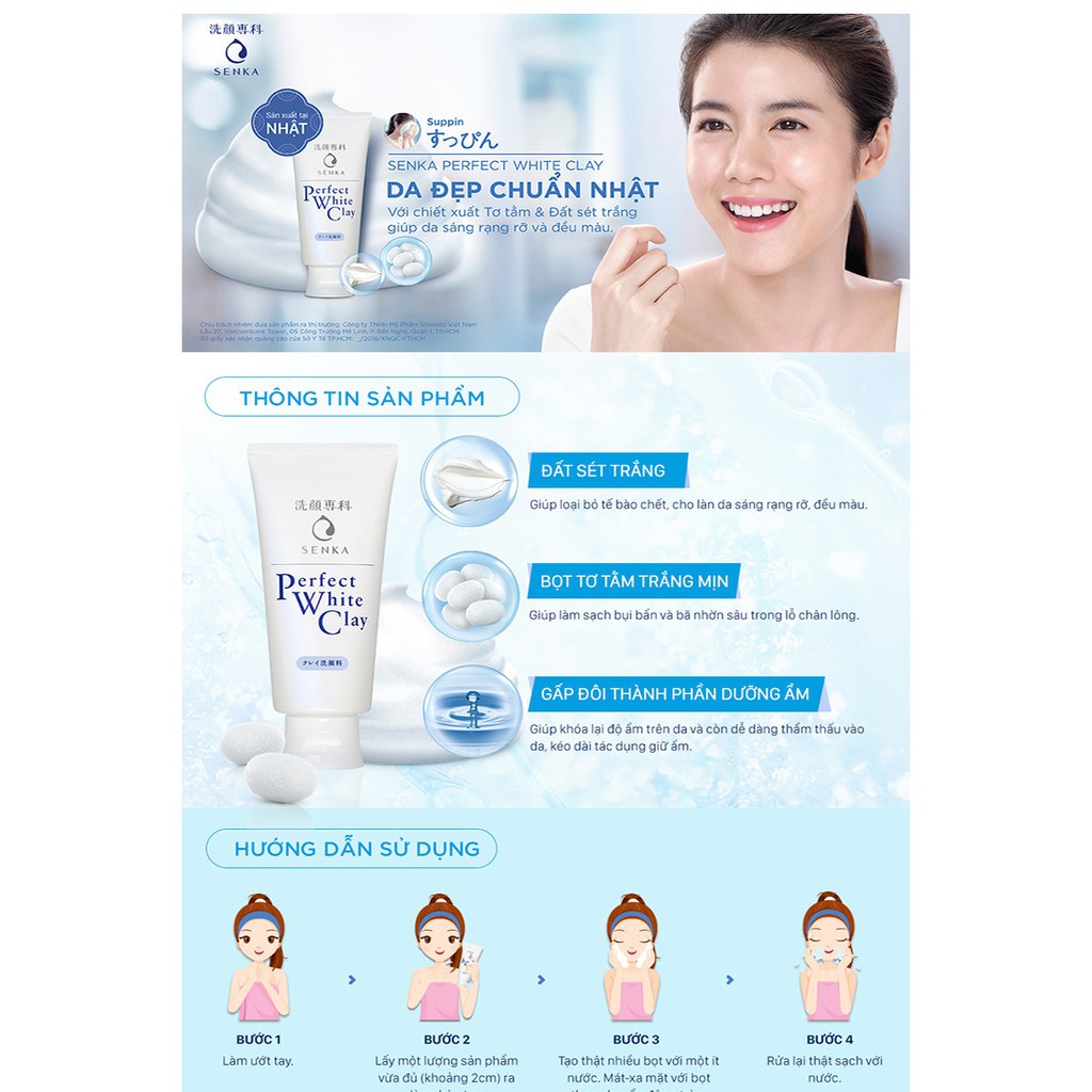 Sữa rửa mặt tạo bọt chiết xuất đất sét trắng Senka Perfect White Clay 120g