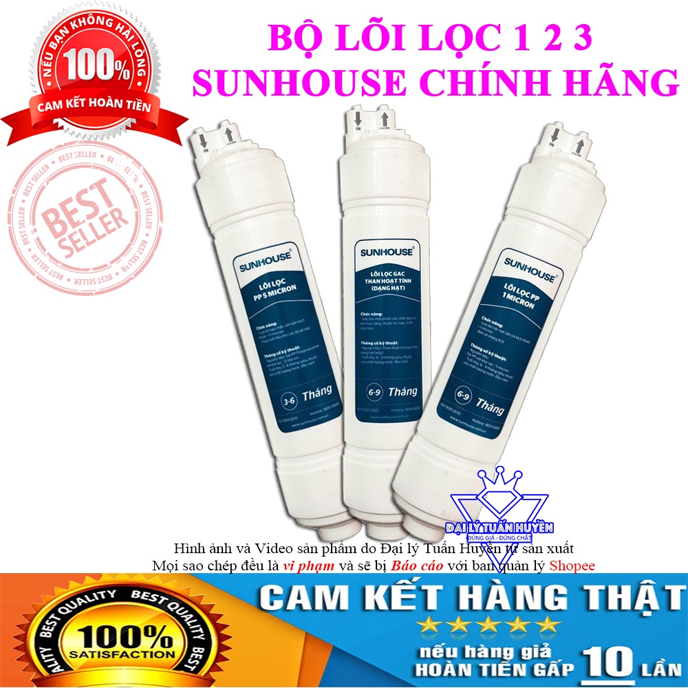 Bộ lõi lọc nước 123 đúc liền nối nhanh Sunhouse chính hãng, dùng cho cây nước nóng lạnh model SHA76214CK-S, SHA76215CK