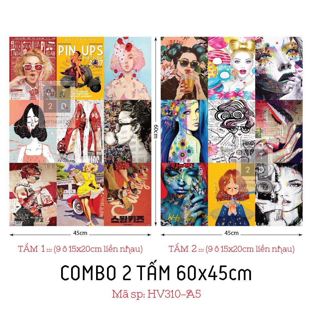 COMBO 2 TẤM DECAL TRANG TRÍ VINTAGE - RETRO, KT: 60x45cm x 2 tấm