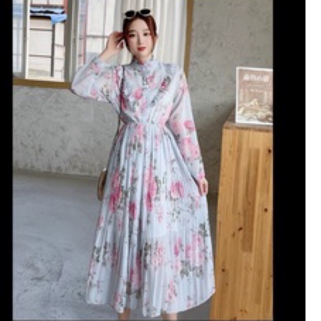 #1848   Đầm siêu cổ tích cổ đứng bèo nhún xếp ly voan hoa trang nhã khí chất váy dài xòe rộng 6 màu