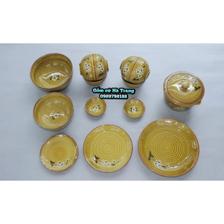 Bộ đồ ăn men hoàng thổ vẽ hoa đào  Gốm sứ Bát Tràng cao cấp không chì