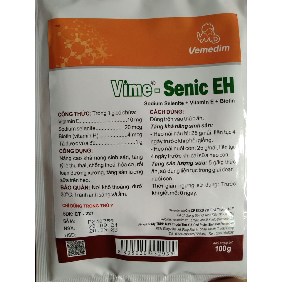 1 GÓI VIME-SENIC EH TĂNG CƯỚNG VITAMIN E CHO CHIM, GIA SÚC, GIA CẦM(100G)