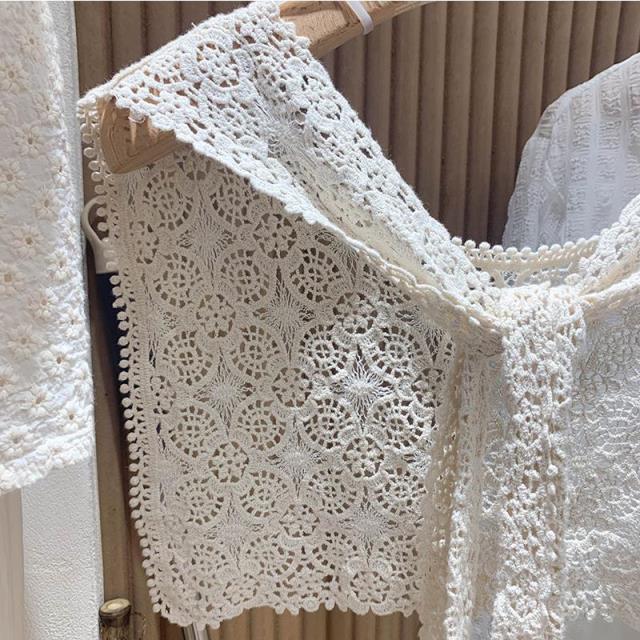 Khăn Choàng Cổ Vuông Bằng Cotton Nguyên Chất Phối Ren Lỗ Thời Trang Phong Cách Phương Tây Hàng Mới 2021