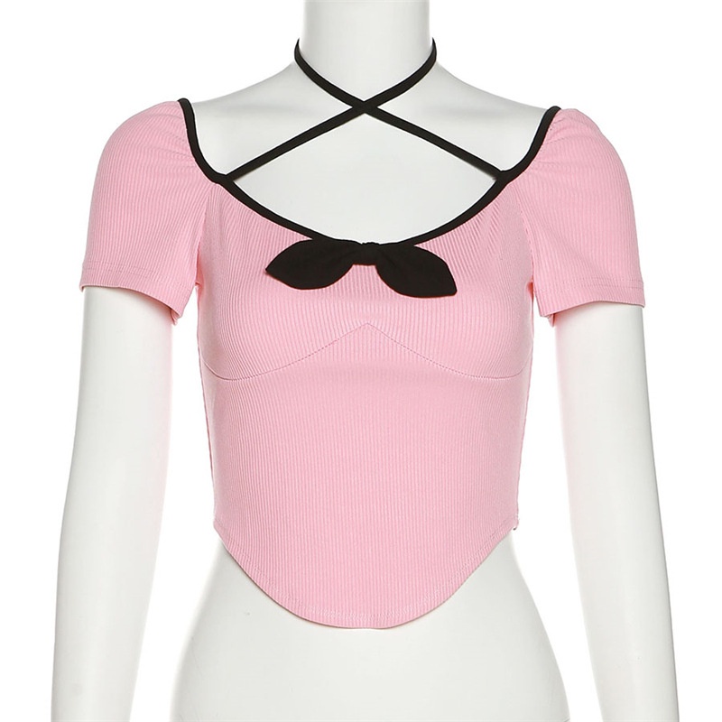 Áo Thun Ngắn Tay Cổ Chữ U Thắt Nơ Xinh Xắn Thời Trang Cho Nữ