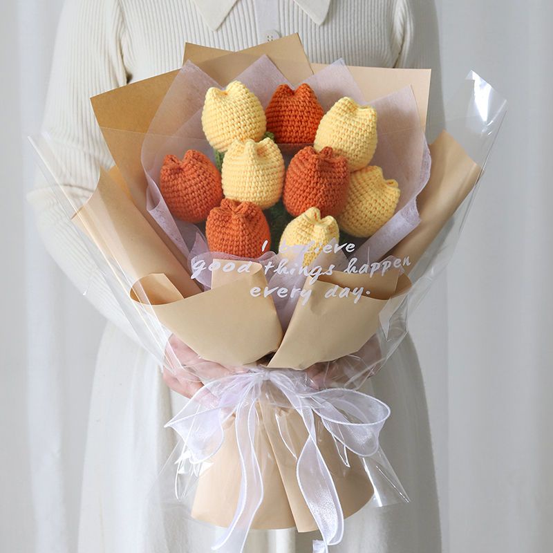 [Hàng Hoàn Thiện] Bó Hoa Tulip Đan Len Thủ Công Làm Quà Tặng Cho Bạn Gái