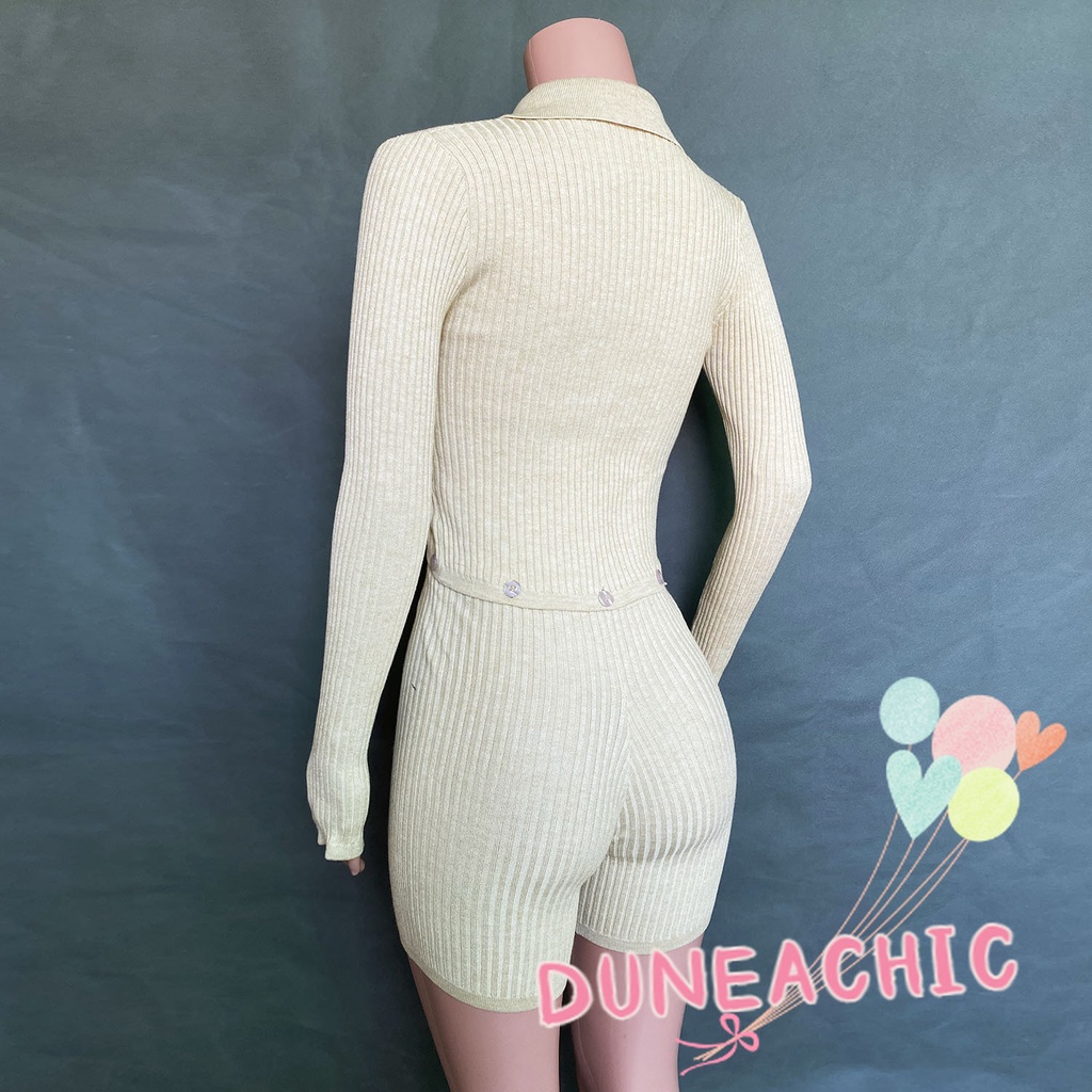 DUNEA Jumpsuit Dệt Kim Tay Dài Phối Nút Thiết Kế Ôm Sát Tôn Dáng