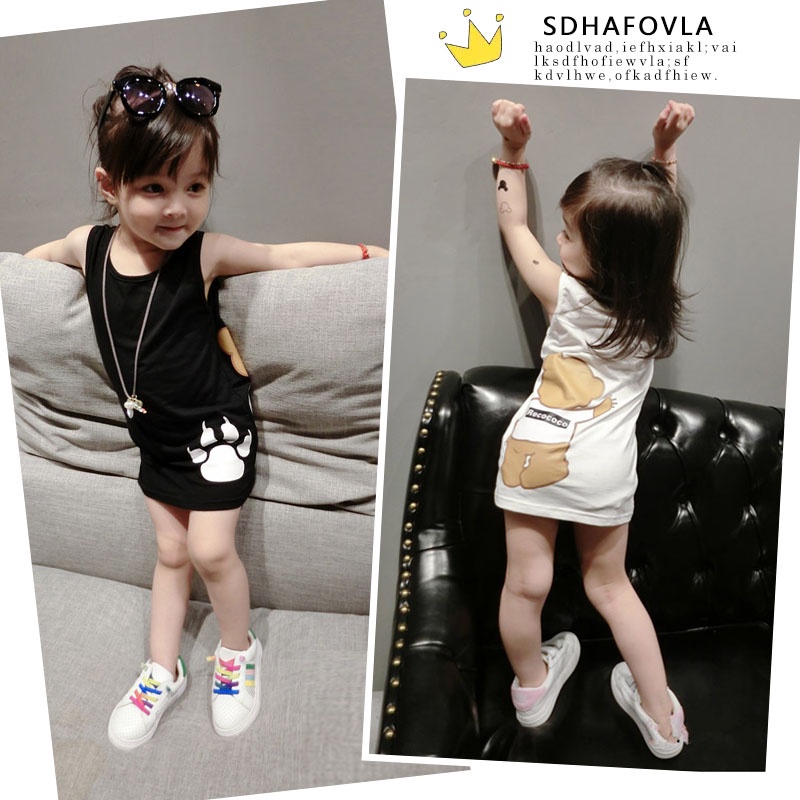 Đầm Sát Nách Cổ Tròn Chất Liệu Cotton Nguyên Chất Họa Tiết Gấu Hoạt Hình Thời Trang Mùa Hè Cho Bé Gái 80-120