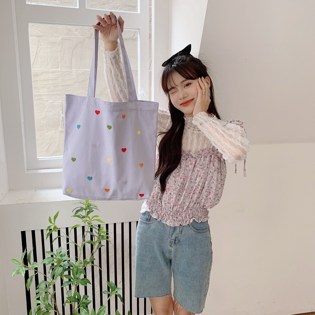 Túi Xách Canvas Thêu Hình Trái Tim Thời Trang Cho Nữ