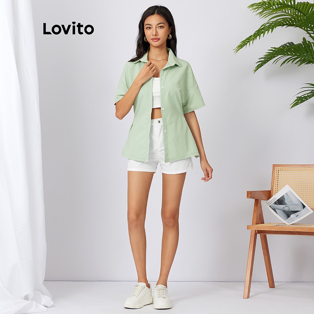 Lovito Nút trơn thông thường Cổ áo màu xanh lá cây nhạt L21AS001 (Màu xanh lá cây nhạt)