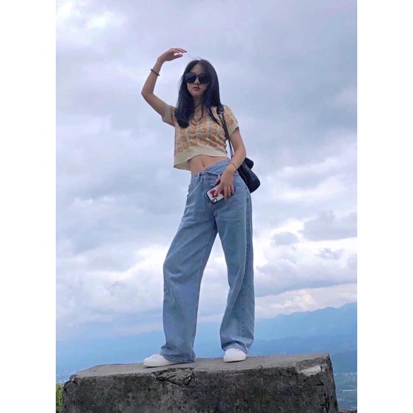 Quần bò ống rộng nữ [freeship] Quần bò jeans cạp khuy lệch ống suông
