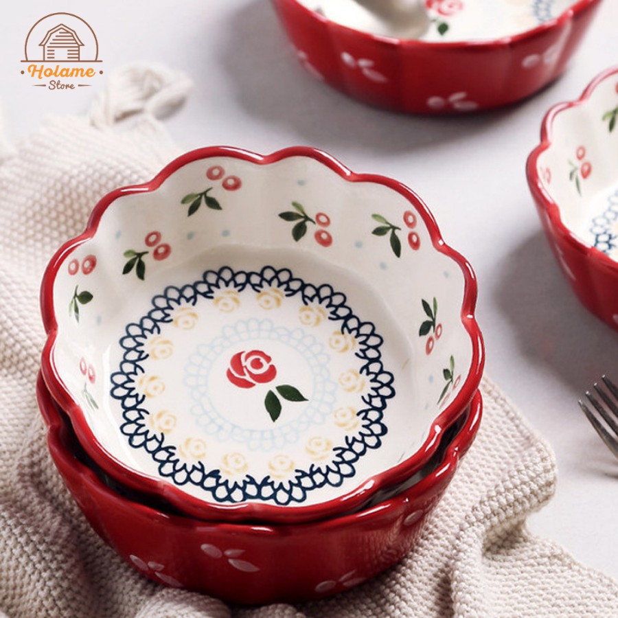 (Hàng có sẵn) Bộ sưu tập bát đĩa, bát đĩa sứ họa tiết Cherry đỏ - phong cách Hàn Quốc