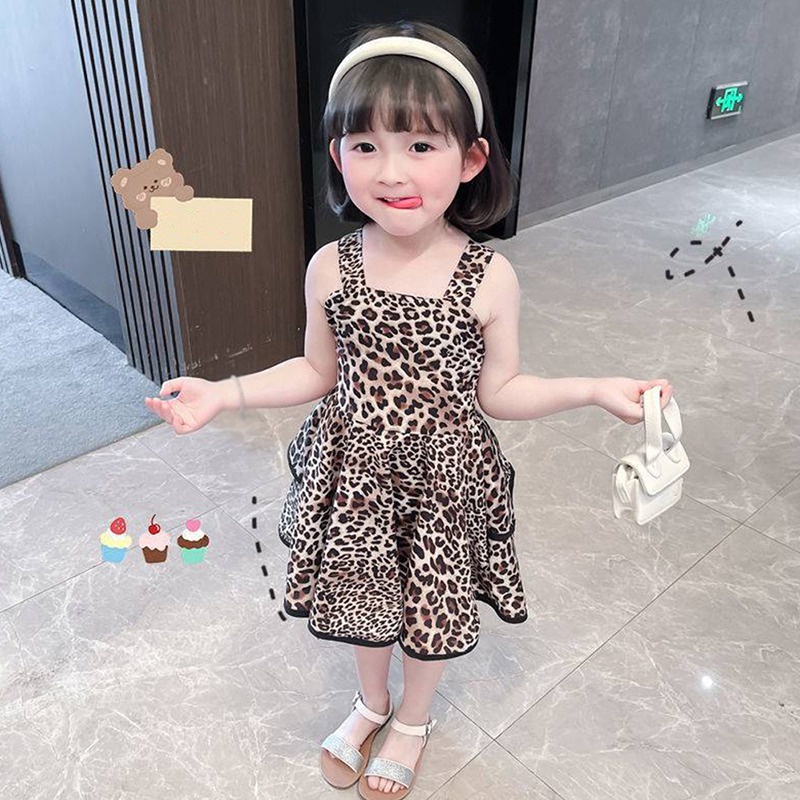 Se7en Đầm Tutu Hai Dây Xếp Ly In Họa Tiết Da Báo Kiểu Hàn Quốc Mùa Hè Cho Bé Gái