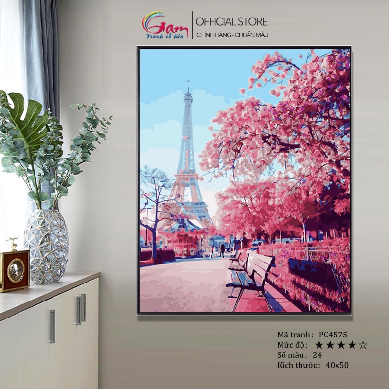 Tranh số hoá GAM phong cảnh Paris Eiffel mới lọ màu to 5ml kèm 2 bộ cọ căng khung 2.5cm PC4575