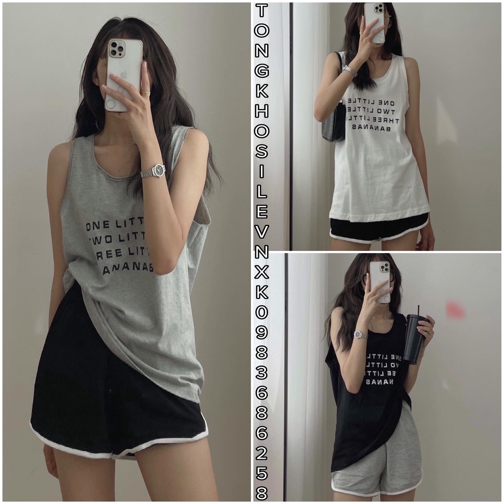 Set Tanktop Chữ Kèm Quần Short In Chữ Đen Xám Trắng - Bộ Áo Ba Lỗ Thể Thao Bananas Phối Màu Quần Đùi Viền