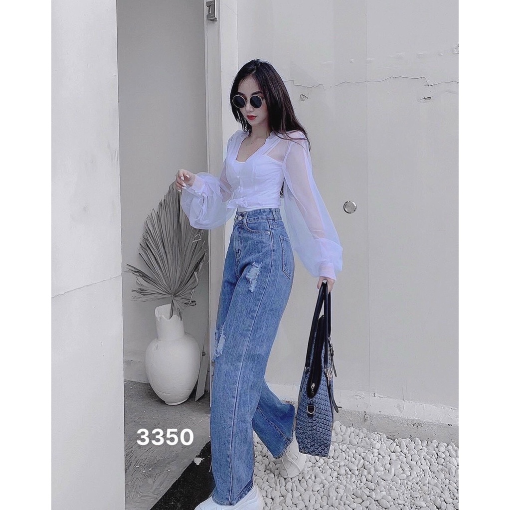 QUẦN JEANS ỐNG RỘNG NỮ LƯNG CAO RÁCH ĐÙI MẢNG MÀU XANH NHẠT LAI CUỐN VẢI MỀM MỊN SIÊU MÁT CAO CẤP NITI