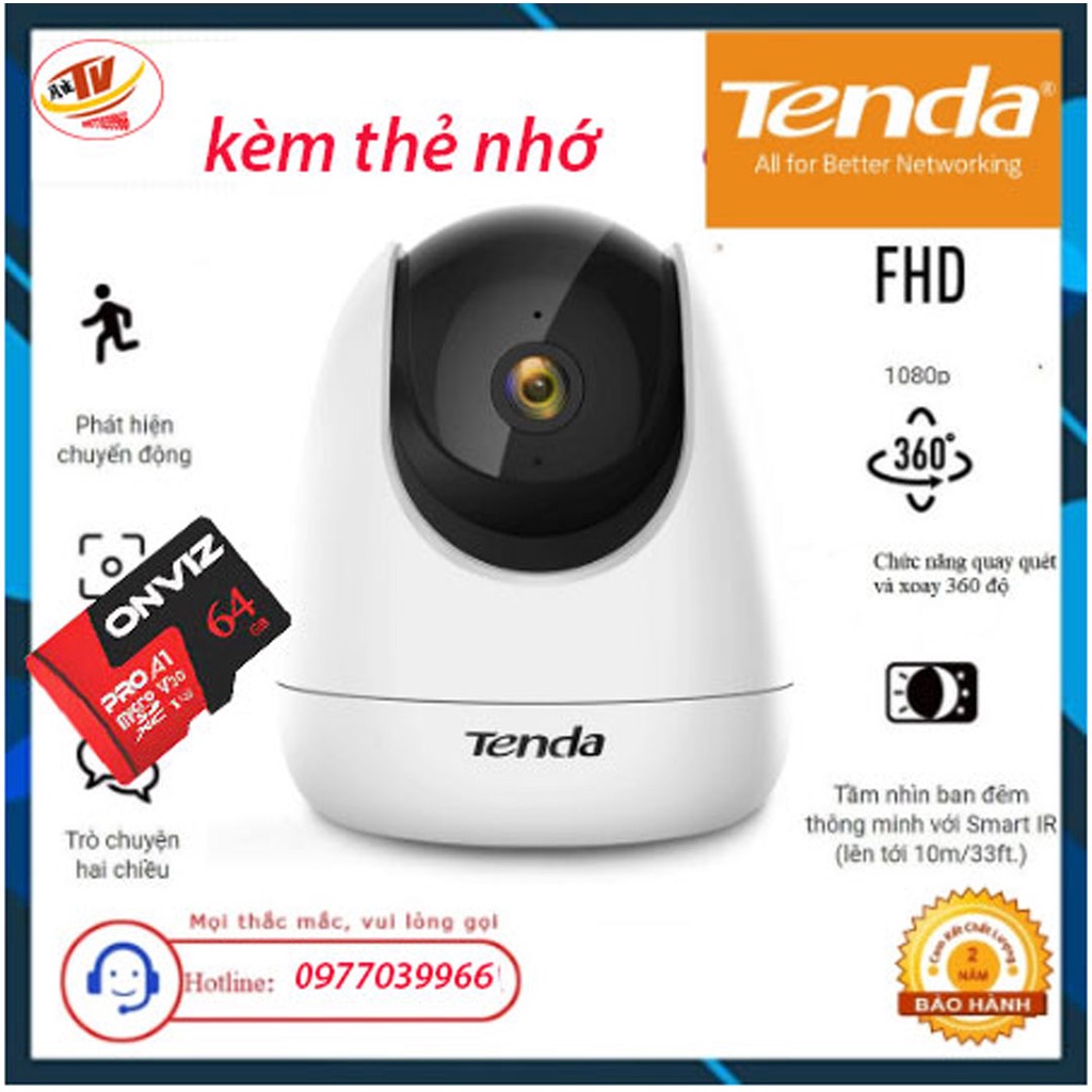 [kèm thẻ 32gb 64gb] Camera IP Wifi xoay 360 TENDA CP3 full HD 1080p, hàng chính hãng bảo hành 24 tháng