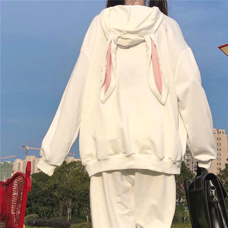 Áo Hoodies Có Nón Dài Tay Đính Tai Thỏ Đáng Yêu Cho Nữ