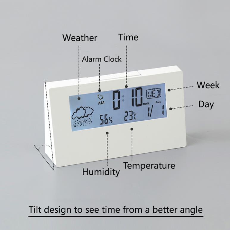 Đồng hồ điện tử có ánh sáng báo thức xem thời tiết để bàn trong suốt đơn giản Hàn Quốc cho phòng ngủ/ ký túc xá