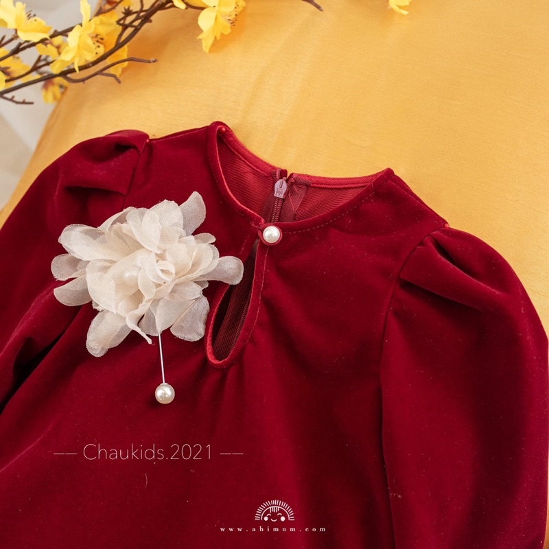 Set Áo dài cổ tròn nơ ngực cho bé gái