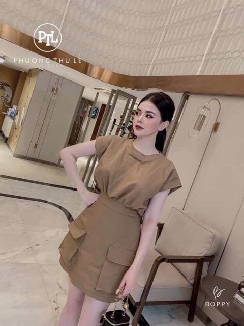 Váy nâu thô mềm bo eo có túi