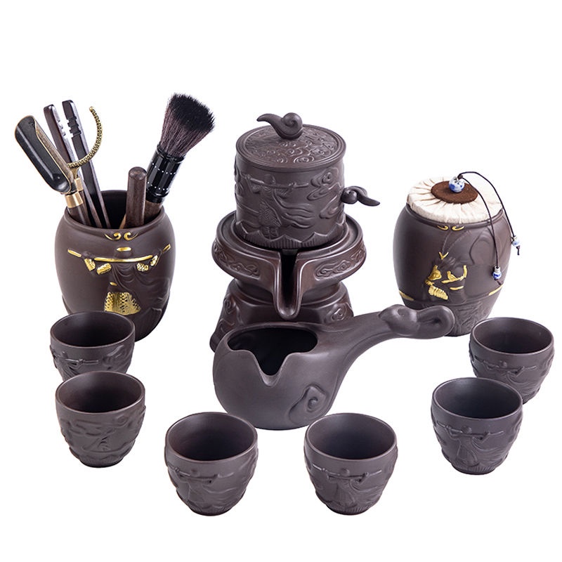 ﺴﺴBộ ấm trà tự động cát tím máy xay đá lười kung fu phụ kiện gia dụng xoay nước chống đóng cặn ấm trà tách trà đạo