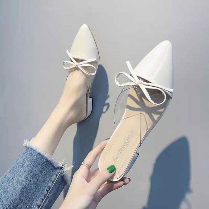 Giày nữ, giày sục mũi nhọn da bóng thắt lơ mika - A8 | BigBuy360 - bigbuy360.vn