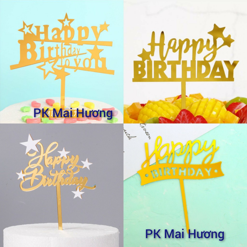 Phụ Kiện Trang Trí Bánh Sinh Nhật Bánh Kem - COMBO 10 thẻ Meka HAPPY BIRTHDAY sao, ruy băng