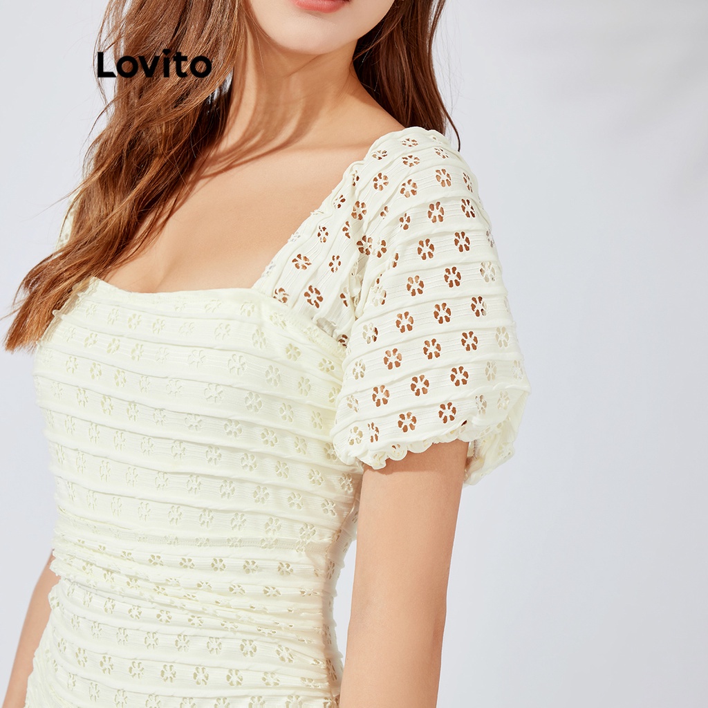 Đồ bơi một mảnh Lovito may nhún chun thêu lỗ xâu thanh lịch L23AD079 (màu trắng nhạt)