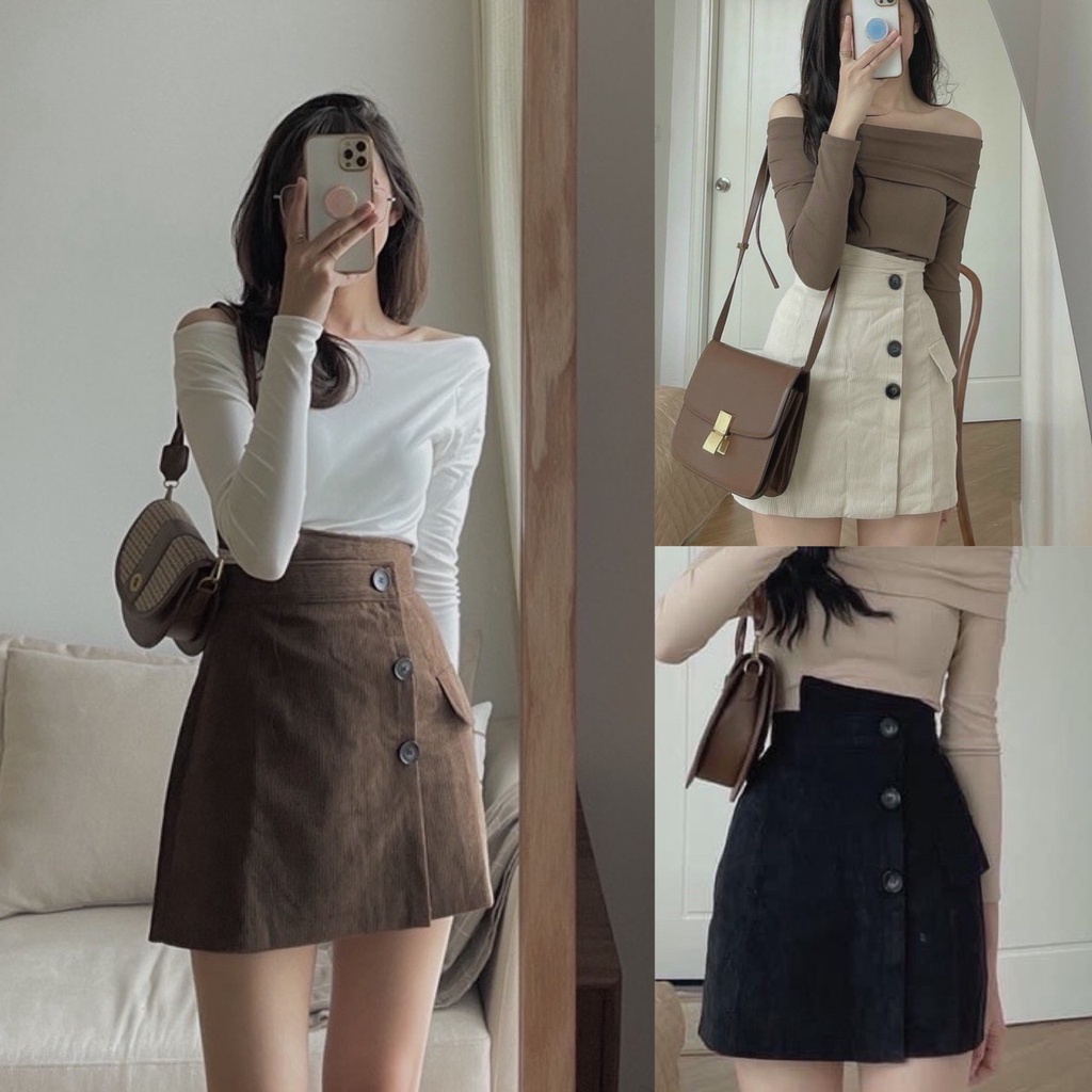 Chân váy chữ A LOZADO quần giả váy chất nhung tăm cạp lệch phối cúc hottrend hàng đẹp Quảng Châu CV473