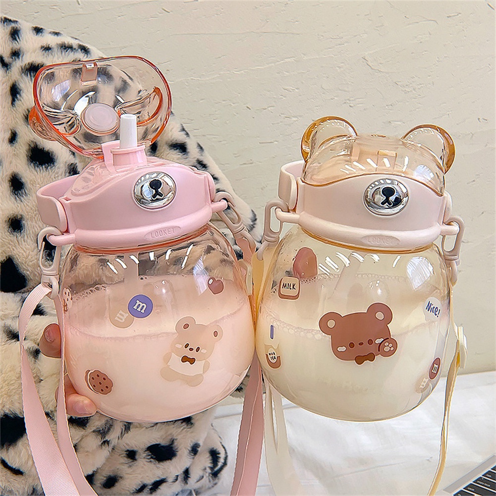 1300ml cartoon bear plastic cup Children's Portable Outdoor Straw Strap Mug Mug Student Cross Belly cup