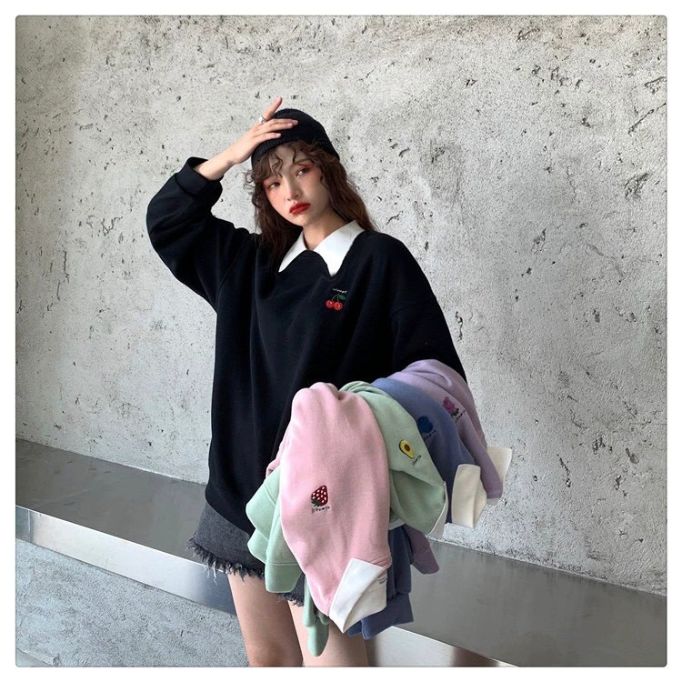 ÁO POLO ALWAYS HOA QUẢ - ÁO SWEATER CỔ BẺ NỈ QUẢ DÂU NHO CHERRY ULZZANG