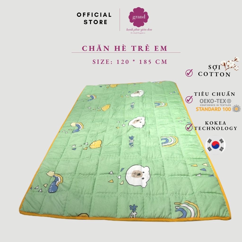 Chăn hè thu trẻ em 120 x 185 MC, màu xanh nõn chuối - họa tiết con gấu