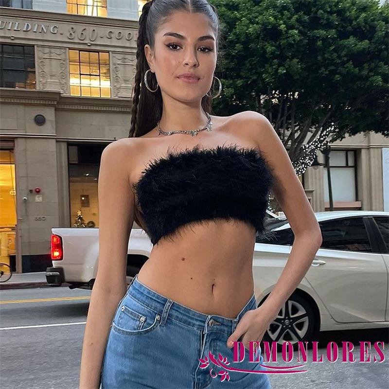 Áo Ống Lông Xù Màu Trơn Trễ Vai Phối Hai Màu Cho Nữ Rave Bandeau