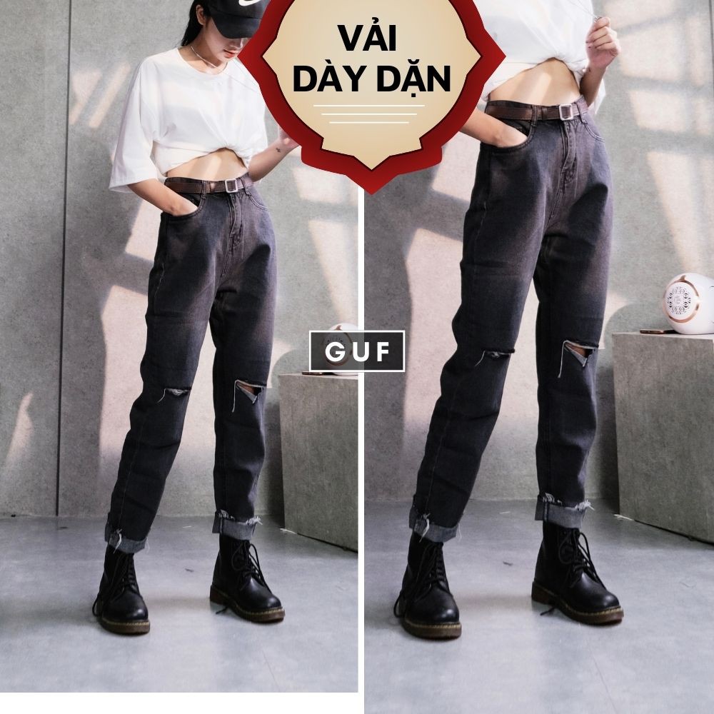 Quần Jean Nữ Dáng Baggy Rách Gấu Cạp Cao Màu Đen Xám Khói Ôm Eo GUF Size L