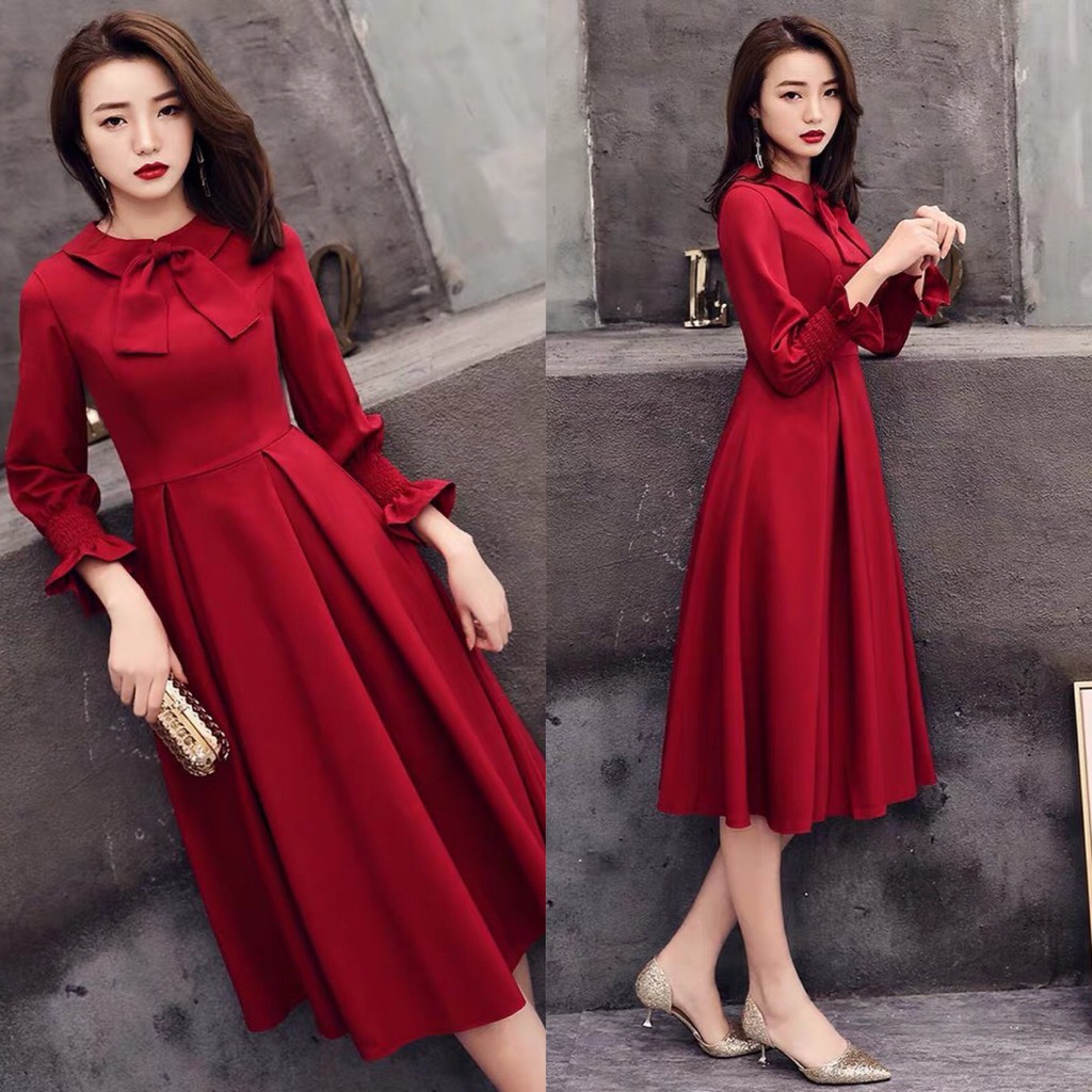 Váy xòe đỏ nơ cổ V1314 - Chat Shop DVC (Kèm ảnh thật trải sàn do shop tự chụp)