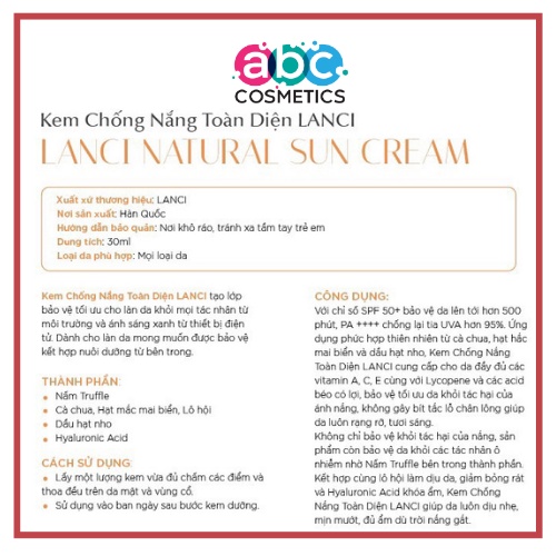 Kem chống nắng Lanci Sun Cream SPF50+ Whitening Hàn Quốc tuýp 50ml chống ô nhiễm lão hóa dưỡng trắng da ABC Cosmertic