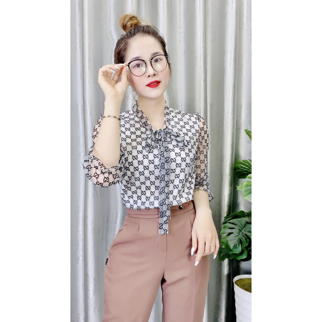 Áo sơ mi nữ kiểu công sở ngắn tay cổ nơ tay voan chất liệu mềm mát A392 Candy Fashion