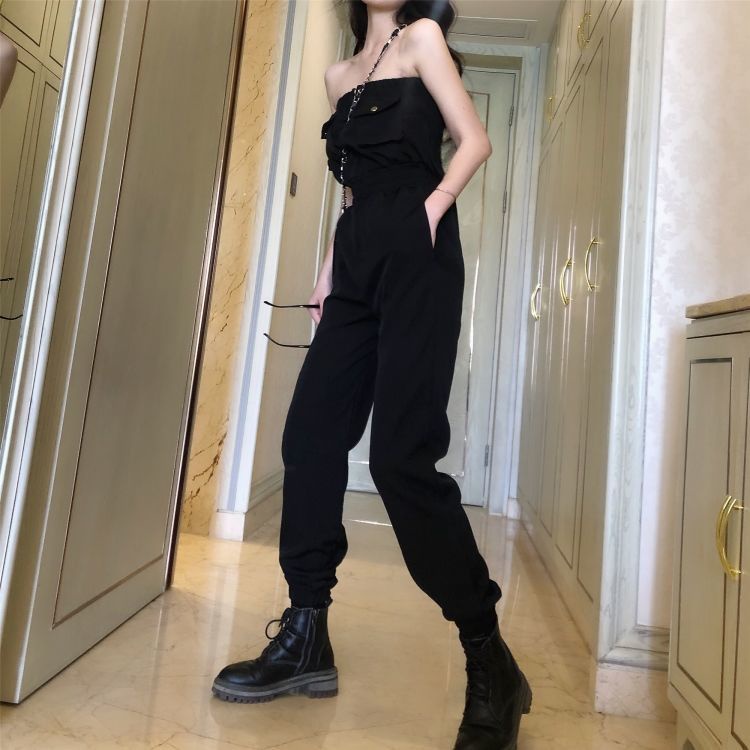 Jumpsuit áo ống quần suông thẳng màu đen phong cách mới cho nữ