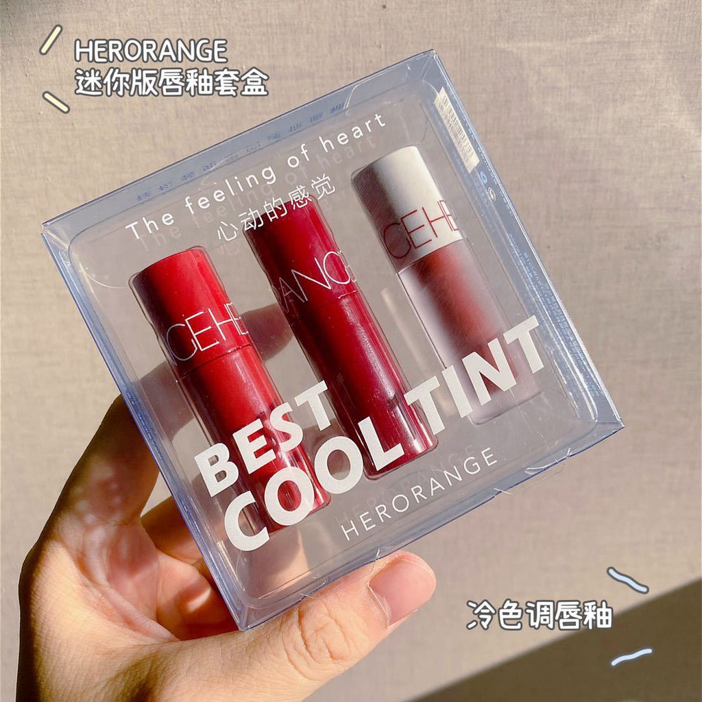 Set 3 cây son kem lì Herorange Cool Tint vỏ xanh đỏ Sena Beauty | Thế Giới Skin Care