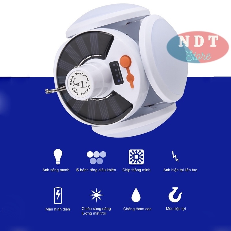 Bóng Đèn Led 100W Tích Điện Và Sạc Năng Lượng Mặt Trời Xoè 5 Cánh Mở Xoay 360 Độ siêu sáng