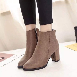 Boots cao gót da lộn cổ ngắn có khoá kéo